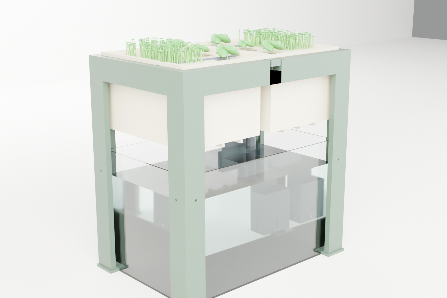 Ray traced render of the Polyponic V1 aquaponics garden: a sage green frame with a glass water tank below and planted grow trays above.